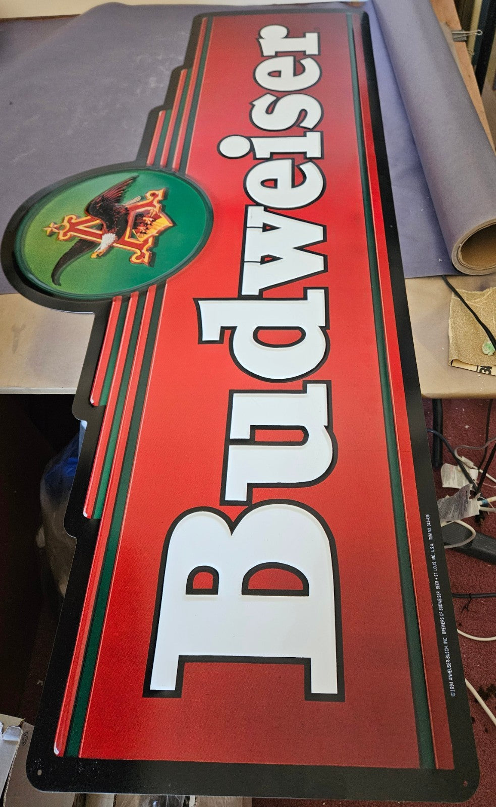 1994 BUDWEISER EMBOSSED MARQUEE METAL TIN SIGN, LARGE approx 60" x 25" BUD