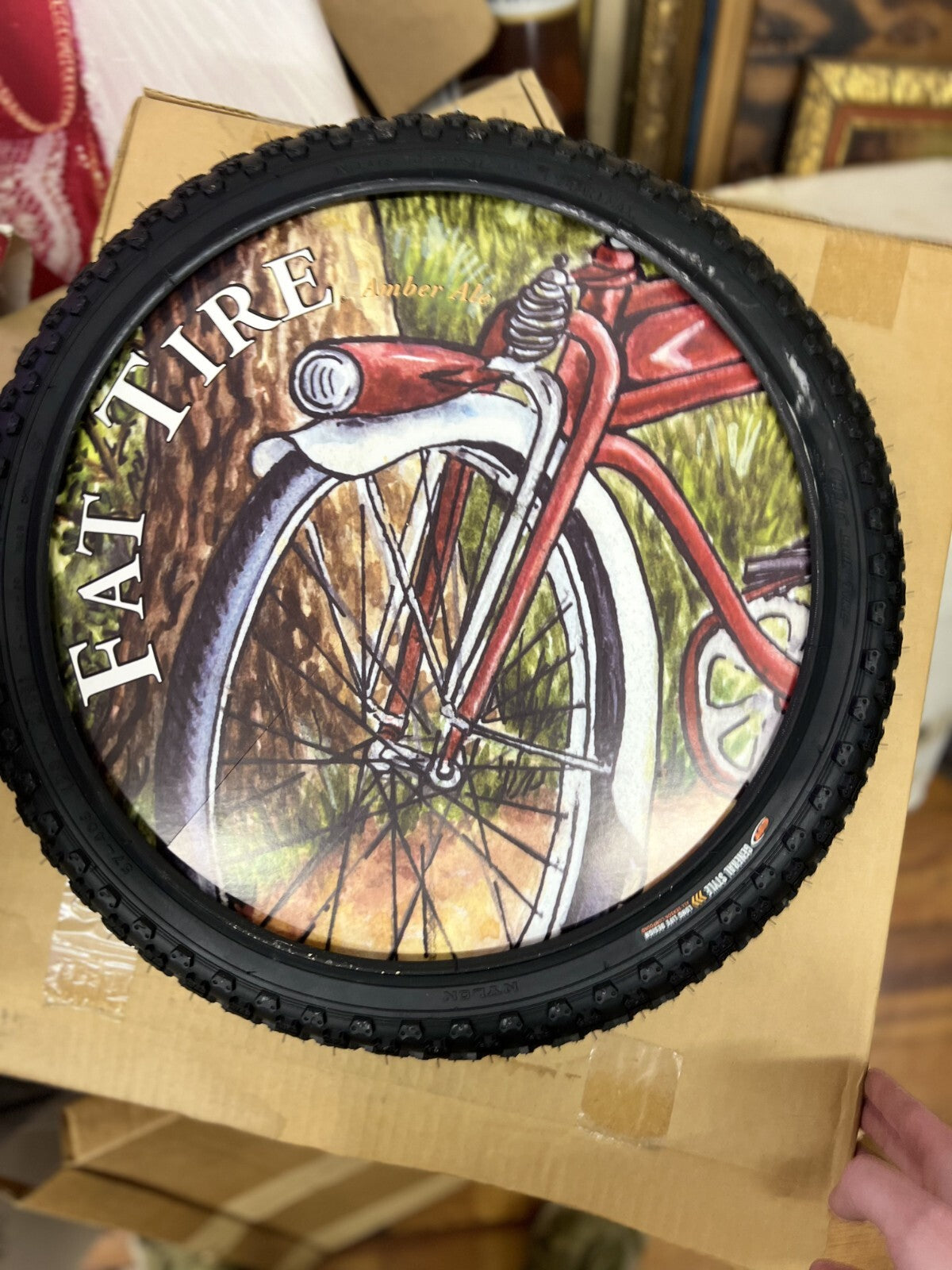 Vintage New Belgium Brewing FAT TIRE Hanging Wheel 2-Sided Tire Sign NIB + Kit