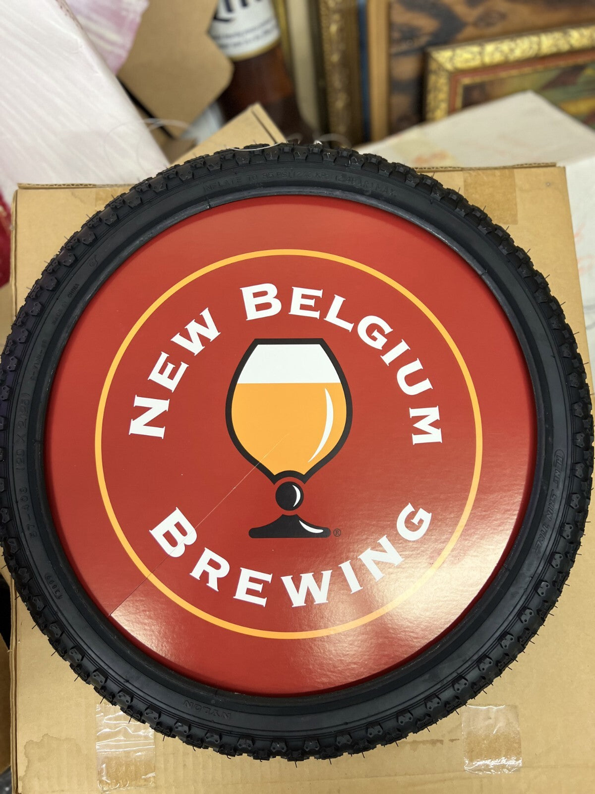 Vintage New Belgium Brewing FAT TIRE Hanging Wheel 2-Sided Tire Sign NIB + Kit