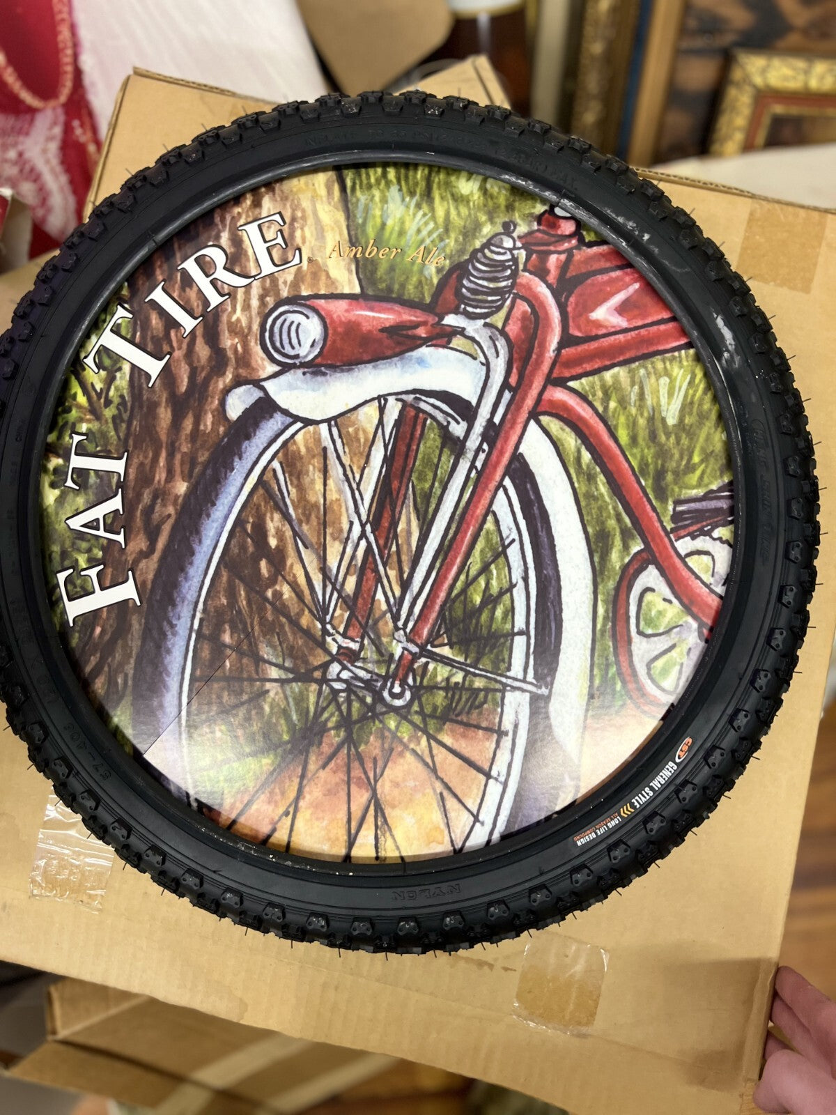 Vintage New Belgium Brewing FAT TIRE Hanging Wheel 2-Sided Tire Sign NIB + Kit