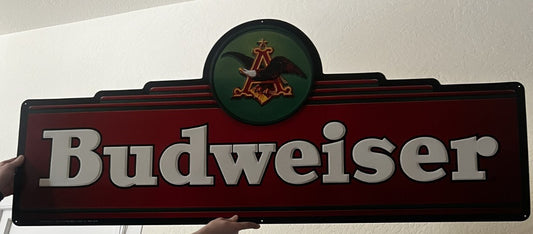 1994 BUDWEISER EMBOSSED MARQUEE METAL TIN SIGN, LARGE approx 60" x 25" BUD
