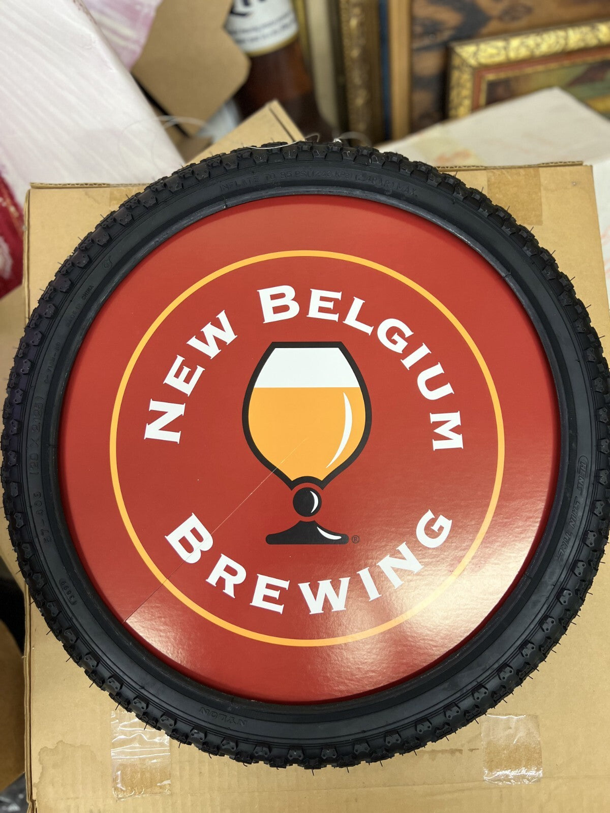 Vintage New Belgium Brewing FAT TIRE Hanging Wheel 2-Sided Tire Sign NIB + Kit