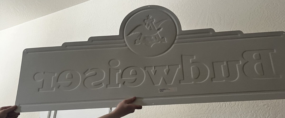 1994 BUDWEISER EMBOSSED MARQUEE METAL TIN SIGN, LARGE approx 60" x 25" BUD