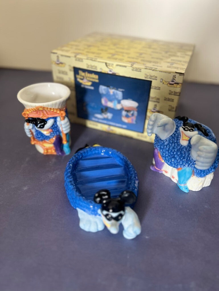 Beatles Yellow Submarine Blue Meanie 3pc Ceramic Bathroom Set 1999 Vandor NIB