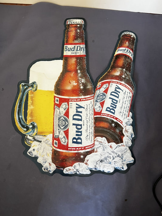 VTG BUDWEISER Dry 2 Bottle Embossed 1990 Metal Tin Tacker Bar Sign 19x25