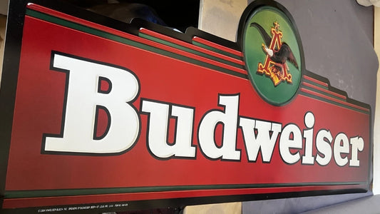 1994 BUDWEISER EMBOSSED MARQUEE METAL TIN SIGN, LARGE approx 60" x 25" BUD